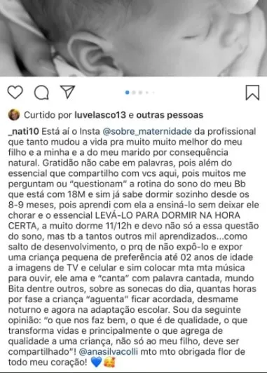 Mensagem de uma mãe para a Ana Paula Colli; abrir imagem completa